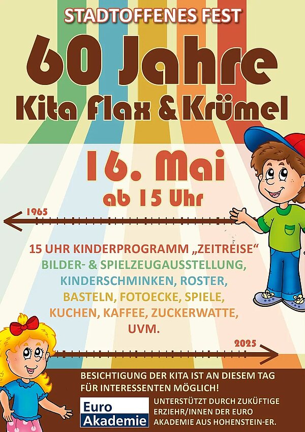 Plakat, das eine Veranstaltung ankündigt: "Stadtoffenes Fest – 60 Jahre Kita Flax & Krümel, 16. Mai ab 15 Uhr". Das Plakat enthält farbenfrohe Grafiken, Informationen über Aktivitäten wie Kinderschminken, Basteln, Spiele, Kaffee, Kuchen und eine Zeitreise-Thematik. Zudem gibt es Hinweise auf die Unterstützung durch die Euro Akademie.