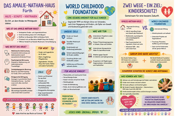 Bunter Flyer mit vielen Informationen über das Amalie-Nathan-Haus und die World Childhood Foundation.