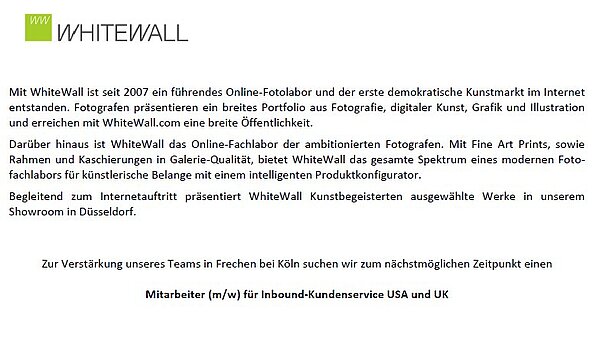 Firma Whitewall bei Köln sucht neue Mitarbeiter