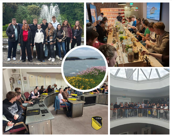 Bildcollage von Erasmus+ Teilnehmenden der Euro Akademie Leipzig während ihres Auslandspraktikums in Kilkenny, Irland. Links oben steht die Gruppe vor einem großen Springbrunnen in einer Parkanlage. Rechts oben nehmen die Schülerinnen und Schüler an einem praktischen Workshop teil, bei dem an langen Holztischen Kräuter, Gläser und Zutaten verarbeitet werden. In der Mitte befindet sich ein rundes Naturfoto mit Meeresküste und Wildblumen. Links unten ist ein Besuch in einem Sitzungssaal zu sehen, in dem die Gruppe an Tischen sitzt und einem Vortrag folgt. Rechts unten steht die gesamte Gruppe auf einer Galerie unter einem großen Glasdach in einem historischen Gebäude. Die Collage zeigt die Vielfalt des Erasmus+ Programms: kulturelle Exkursionen, Workshops, Unterricht und regionale Einblicke.