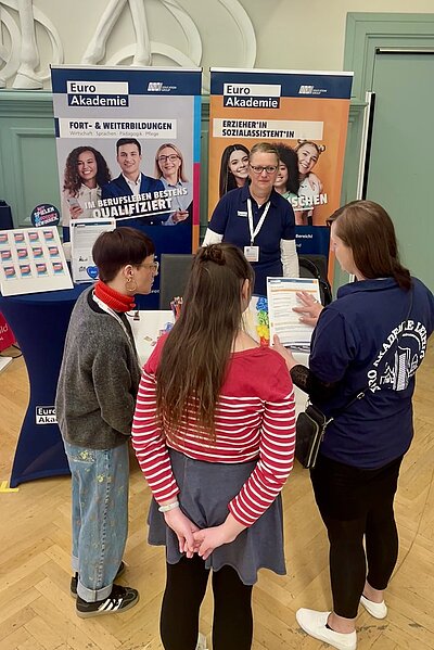 Drei Besucherinnen stehen vor dem Euro Akademie Informationsstand mit zwei Roll-up-Bannern, auf denen der Schriftzug 'Euro Akademie' und weitere Informationen zu Fort- und Weiterbildungen sowie zu Berufen im Sozialwesen zu lesen sind. Eine Person hinter dem Stand trägt ein Namensschild und spricht mit den Besuchenden. Auf dem Tisch liegen Broschüren und Flyer aus. Die Szene spielt in einem Innenraum mit Parkettboden und hellgrüner Wand.