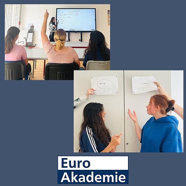 Teamwork Collage von Schülern im Klassenzimmer während des Unterrichts, die sich melden und ihre Wappen präsentieren.