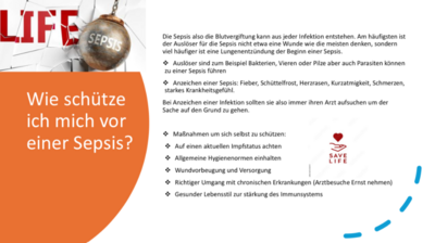 Ein weißes Dokument mit schwarzer Schrift und orangener linken Seite, in dem es um Aufklärung bei einer Blutvergiftung geht.