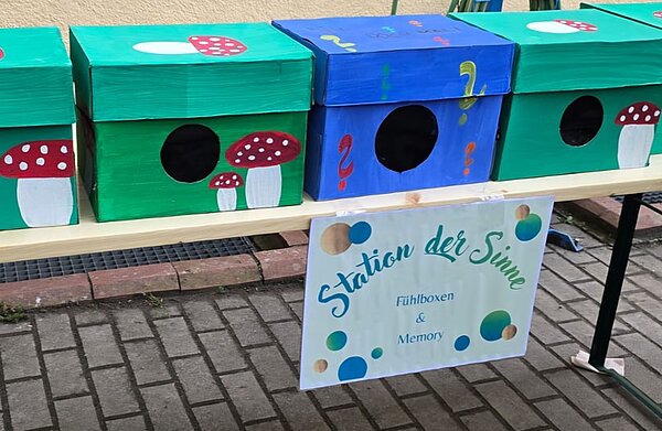 Vier bunt bemalte Kisten mit runden Öffnungen stehen nebeneinander auf einem Holztisch. Jede Kiste ist mit einem großen schwarzen Kreis auf der Vorderseite versehen, daneben sind Fliegenpilze und bunte Fragezeichen gemalt. Unter dem Tisch hängt ein Schild mit der Aufschrift: 'Station der Sinne Fühlboxen & Memory'. Der Tisch steht auf einem gepflasterten Untergrund vor einer hellen Wand.