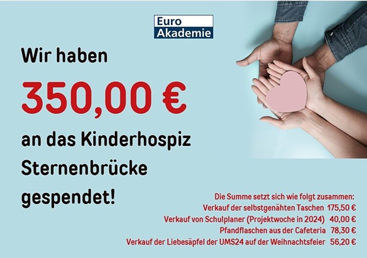Spende an das Kinderhospiz Sternenbrücke Grafik mit offenen Händen, in denen ein rosa Papierherz liegt und Infos zu den 350 Euro Spenden.