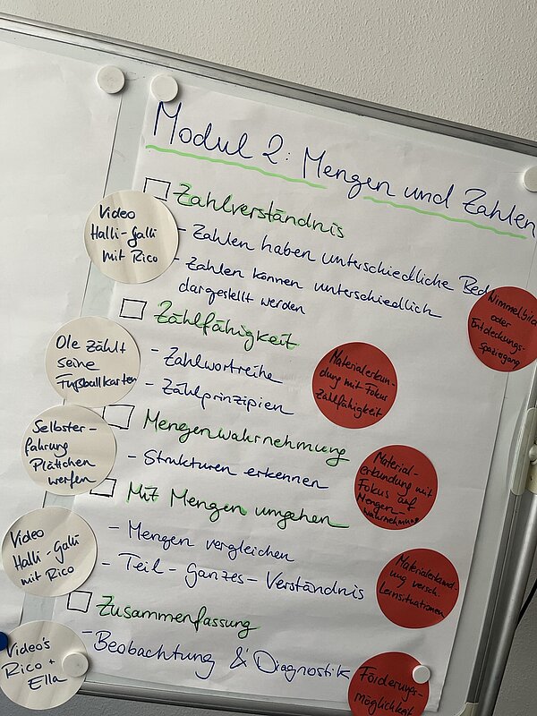 Whiteboard mit einer Übersicht zum Thema „Modul 2: Mengen und Zahlen“. Stichworte wie Zahlenverständnis, Mengenumgang oder Mengenerkennung sind aufgelistet, daneben bunte Kreise mit ergänzenden Hinweisen wie „Video Halli-Galli mit Rico“ oder „Materialerstellung mit Fokus auf Mengenerkennung“