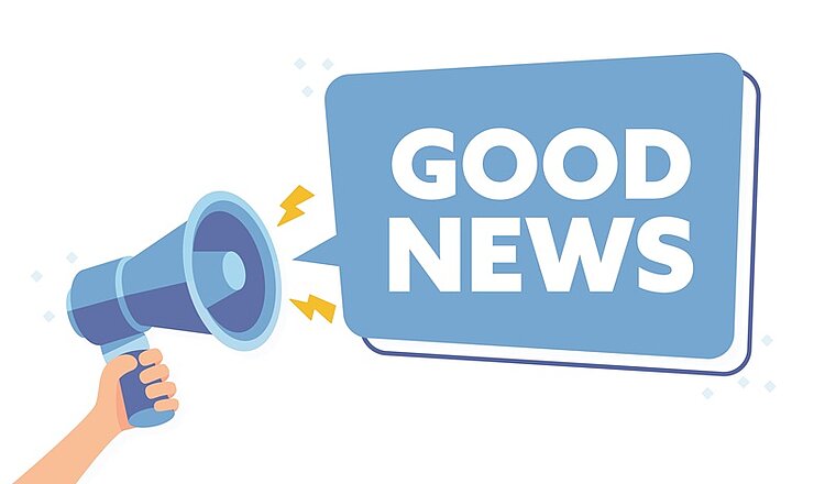 Eine illustrierte Hand mit blauem Megaphone und eine blaue Sprechblase, mit weißem Schriftzug GOOD NEWS.