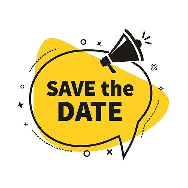 Einladung zu den Schnuppertagen Die Grafik zeigt eine schwarze Sprechblase auf einem gelben organischen Element, darüber ein schwarzes Megaphon. In der Blase steht der englische Text: SAVE THE DATE.