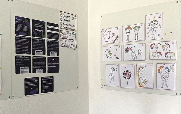 Zwei weiße Boards mit verschiedenen Lernkarten und handschriftlichen Notizen, die an einer Wand befestigt sind.