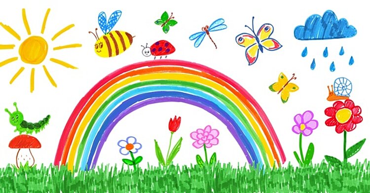 Stadtteilfest in Altenburg Handgezeichnete, bunte Kinderzeichnung einer Sommerlandschaft mit Blumen, Schmetterlingen, Regenbogen, Sonne, Blumen, Marienkäfer, Raupe, Schnecke, Libelle, einer regnenden Wolke und einem Fliegenpilz.