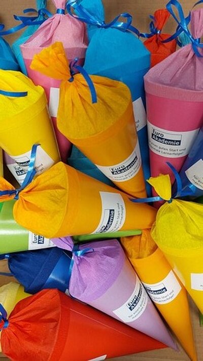 In einem Karton liegen viele kleine Schultüten/Zuckertüten in vielen verschiedenen Farben von blau über orange und gelb bis rosa, die mit blauen Schleifchen zugebunden sind. Alle Tüten haben einen sichtbaren Aufkleber mit dem blau-weißen Logo der Euro Akademie.