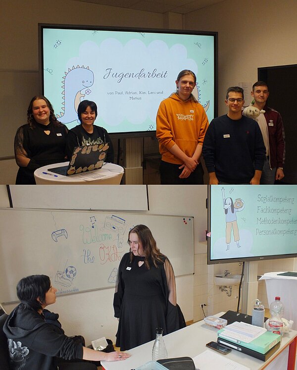 Ein collageartiges Foto aus einem Klassenraum: Oben stehen fünf Jugendliche lächelnd nebeneinander vor einem großen Bildschirm, auf dem eine Präsentationsfolie mit der Überschrift „Jugendarbeit“ zu sehen ist. Unten spricht eine schwarz gekleidete Person im Sitzen mit einer anderen Person im schwarzen Kleid vor einer Tafel, auf der „Welcome to the OKJ“ und einige gemalte Symbole wie Spielecontroller und Musiknoten stehen.