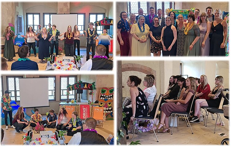 Collage einer festlichen Veranstaltung im Hawaii- und Tiki-Bar-Stil mit geschmücktem Raum, Gruppenfotos, sitzendem Publikum und Teilnehmenden bei Vorträgen und kleinen Aufführungen.