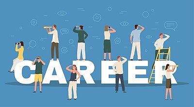 Eine Illustration zum Thema Karriere: Mehrere Personen stehen auf den großen Buchstaben des Wortes 'CAREER' und blicken mit Ferngläsern oder schauen nachdenklich in die Ferne, umgeben von Symbolen wie Augen, Zahnrädern und Sprechblasen.