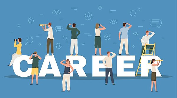 Eine Illustration zum Thema Karriere: Mehrere Personen stehen auf den großen Buchstaben des Wortes 'CAREER' und blicken mit Ferngläsern oder schauen nachdenklich in die Ferne, umgeben von Symbolen wie Augen, Zahnrädern und Sprechblasen.