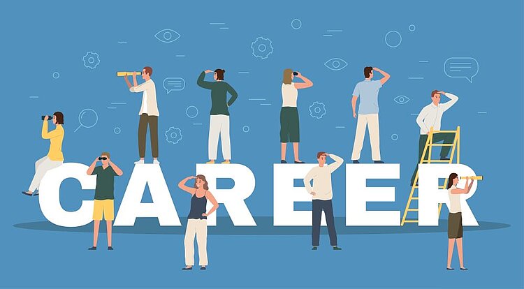 Eine Illustration zum Thema Karriere: Mehrere Personen stehen auf den großen Buchstaben des Wortes 'CAREER' und blicken mit Ferngläsern oder schauen nachdenklich in die Ferne, umgeben von Symbolen wie Augen, Zahnrädern und Sprechblasen.