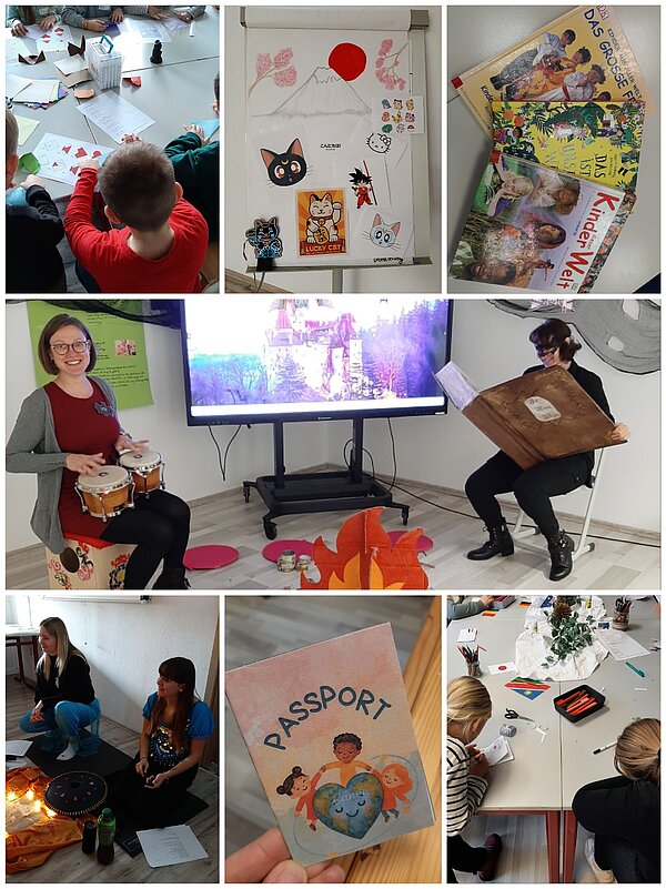 Collage zu einem interkulturellen Projekttag: Kinder basteln, Flipchart mit Japan-Motiven (Fuji, Kirschblüten, Maneki-neko), Bücherstapel, Lehrkräfte mit Instrumenten und großem „Märchenbuch“, Papier-„Passport“ und Arbeitsstationen am Tisch.