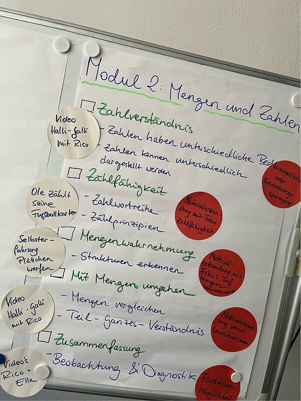 Mathe im Kindergarten? Geht und macht Spaß! An ein Whiteboard ist ein Papier mit dem Titel "Modul 2: Mengen und Zahlen" geheftet, darunter sind verschiedene Kompetenzen und darunter jeweils die Definitionen gelistet, beispielsweise steht unter "Mengenwahrnehmung" "Strukturen erkennen". Um die Kompetenzen herum sind auf runden Blätter entsprechende Spiele zu jedem Thema geklebt, beispielweise "Ole zählt seine Fußballkarten" oder "Wimmelbilder oder Entdeckungsspaziergang".