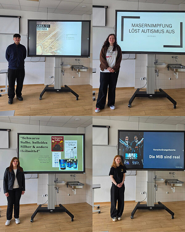 Vier Bilder in einem: Links oben: Eine Person steht vor einem Bildschirm mit dem Titel: "Area 51 Nevada". Rechts: Eine Person steht vor einem Bildschirm mit dem Titel: "Masernimpfung löst Autismus aus". Darunter, links: Eine Person steht vor einem Bildschirm mit dem Titel "Schwarze Salbe, kolloides Silber & andere Heilmittel". Rechts: Eine Person steht vor einem Bildschirm mit dem Titel: "Die MIB sind real."