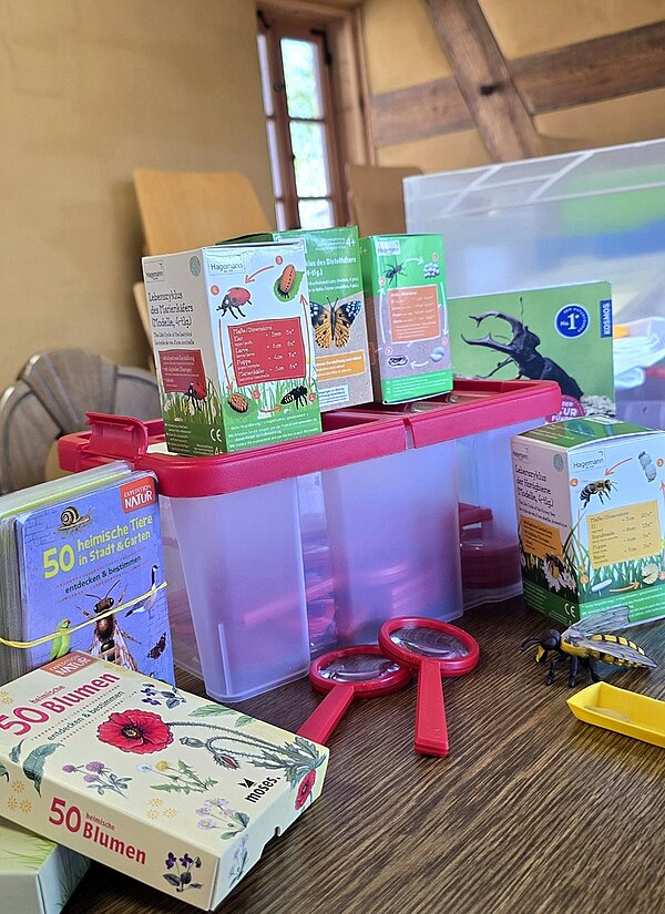 Auf einem Tisch liegen zwei rote Lupen, verschiedene Spiele und Informationen zum Thema Natur, darunter 50 heimische Tiere in Stadt & Garten, 50 Blumen und Lebenszyklus des Marienkäfers Lupen.