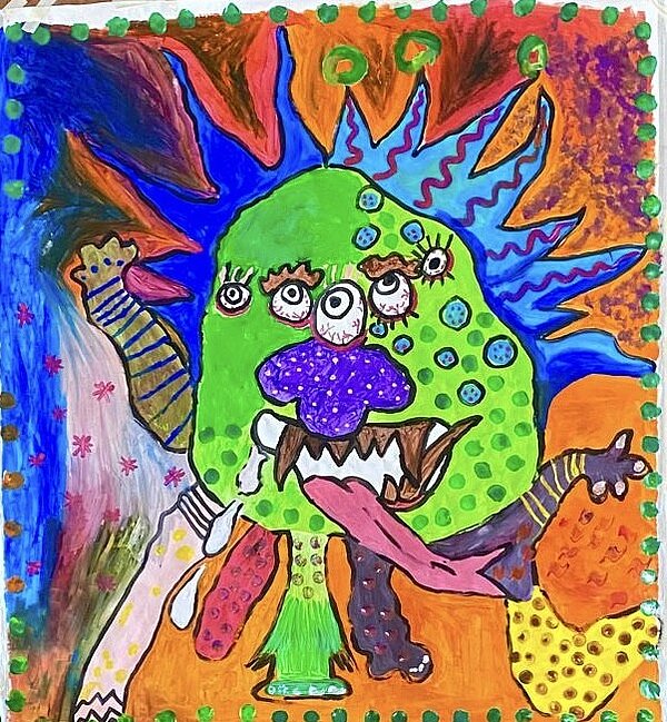 Vernissage in der Christopherus-Schule Buntes Fantasiewesen mit grünem Gesicht, lila Nase, mehreren Augen und Zähnen. Umgeben von wilden Mustern in Orange, Blau und Lila – erinnert an ein fröhlich-chaotisches Monster mit ausdrucksstarker Mimik.