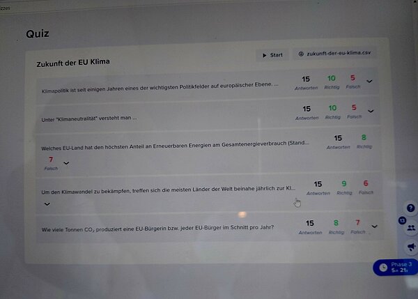 Screenshot eines Quizzes mit dem Titel "Zukunft der EU Klima"