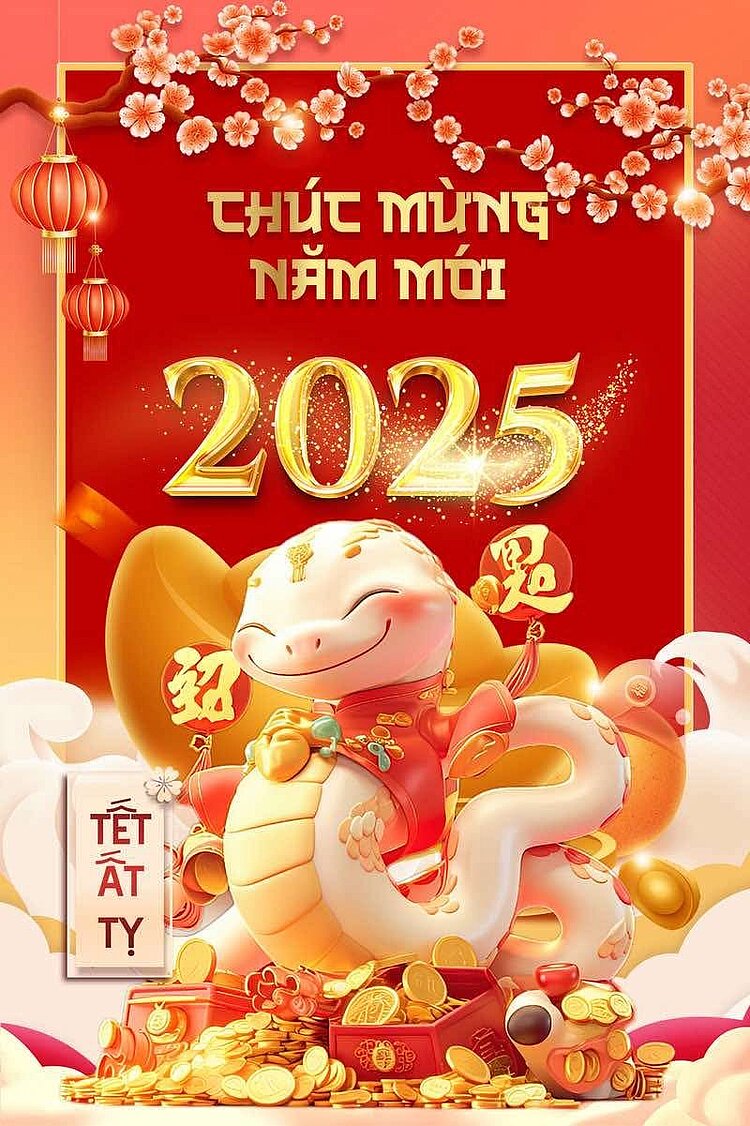 Tet Fest in Deutschland Ein rotes Plakat mit Lotusblüten rechts und links oben und in der Mitte mit der goldenen Schrift 2025, darunter ist ein lachender Drache angeordnet.