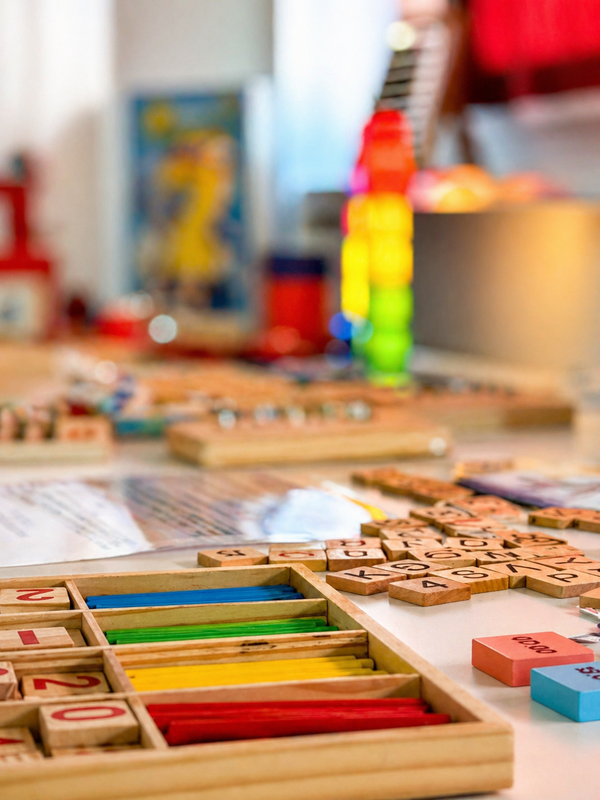 Nahaufnahme von Lern- und Spielmaterialien auf einem Tisch, darunter bunte Stäbe, Buchstabenplättchen und Holzbausteine.