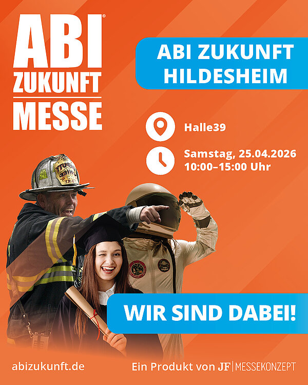 Ein orangenes Werbeplakat für die ABI Zukunft Messe in Hildesheim am 25. April.
