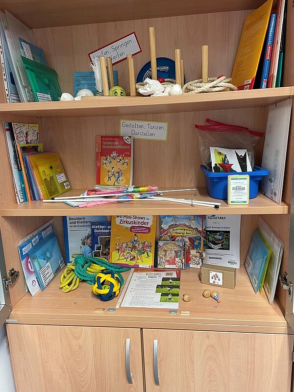Offener Holzschrank mit verschiedenen Fächern, gefüllt mit pädagogischen Materialien: Büchern, Heften, einer blauen Schüssel, Schnüren, einem Holzstab mit Ringen, einem gelben Spielzeugauto sowie beschrifteten Kärtchen (u. a. „Für Springen, Laufen, Klettern" und „Gestalten, Tanzen, Darstellen").