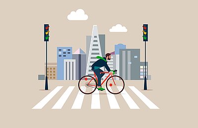 Die Illustration eines Radfahrers, der über eine Ampel in einer Stadt fährt.