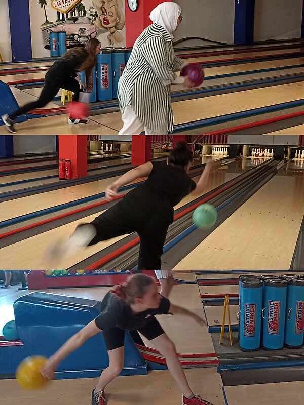 Voller Einsatz auf der Bowlingbahn Collage von Action auf der Bowlingbahn: Auf allen drei Bildern sieht man aus verschiedenen Perspektiven Frauen, die gerade dabei sind, eine Kugel zu werfen.