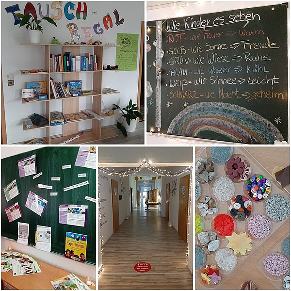 Bildcollage aus verschiedenen Lern- und Kreativbereichen der Euro Akademie Rochlitz. Zu sehen sind ein Tauschregal für Bücher und Material, eine Tafel mit dem Thema Wie Kinder Farben sehen, Pinnwände mit pädagogischen Fachinformationen, ein stimmungsvoll beleuchteter Flur sowie eine Sortierbox mit Naturmaterialien, Knöpfen, Perlen und Bastelutensilien. Die Collage zeigt praxisnahe Einblicke in Lernumgebungen und didaktische Konzepte der Ausbildungen zum Erzieher und Sozialassistenten.