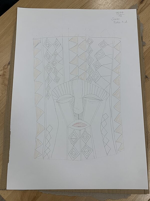 Im Bann der Masken Bleistiftzeichnung einer afrikanische Maske einer Schülerin.