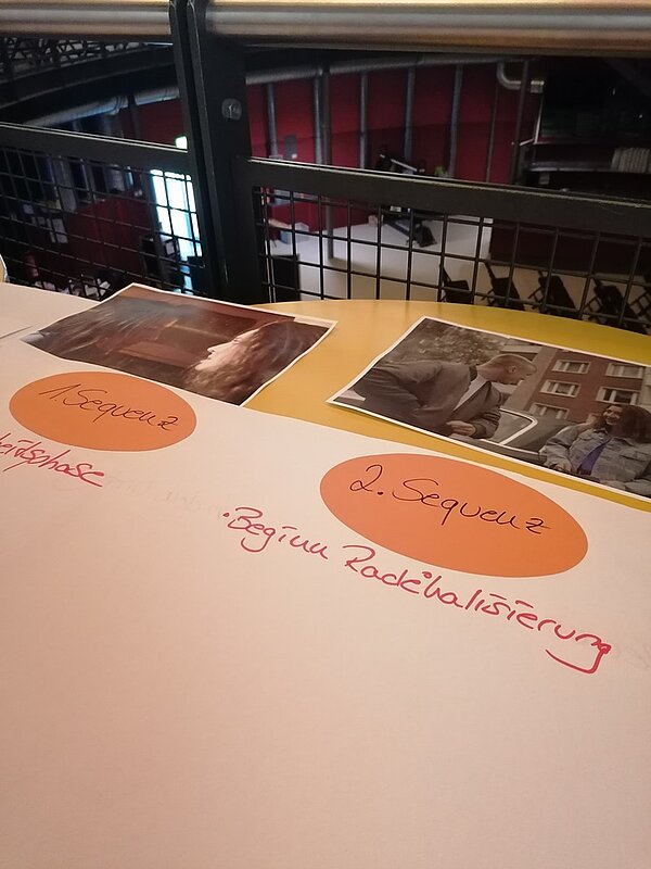 Blick auf zwei Szenenbilder des Film, mit Moderationskarten, auf denen die einzelnen Sequenzen genannt werden.