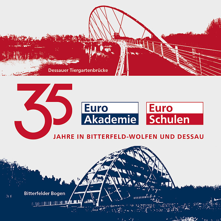Logo zum 35. Jubiläum der Euro-Schulen und Euro Akademie Bitterfeld-Wolfen und Dessau mit Grafiken des Bitterfelder Bogens und der Tiergartenbrücke in Dessau.