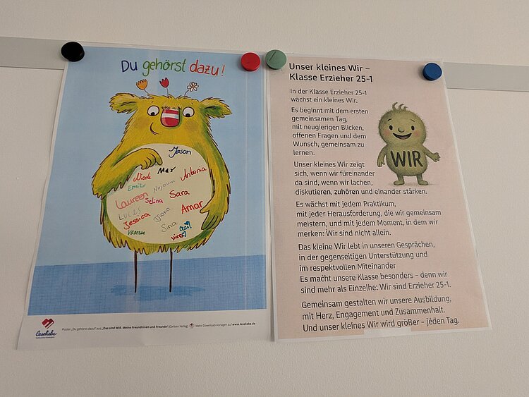 Teambuilding mit Herz Ein bunt gestaltetes Poster mit der Aufschrift „Du gehörst dazu!“ zeigt eine Figur, in deren Bauch die Namen der Schülerinnen und Schüler stehen. Daneben ein Text „Unser kleines Wir – Klasse Erzieher 25-1“ mit einer Erklärung über Zusammenhalt und Gemeinschaft.