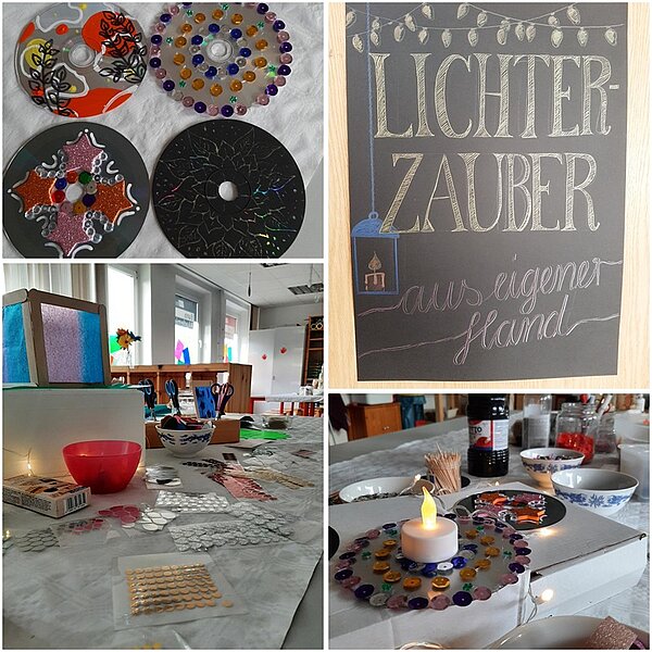 Bildcollage mit Licht- und Bastelstationen unter dem Motto Lichterzauber aus eigener Hand an der Euro Akademie Rochlitz. Die Bilder zeigen selbst gestaltete Leuchtobjekte auf CDs, Basteltische mit Dekomaterial, Papierlaternen und eine beschriftete Tafel. Besucherinnen und Besucher konnten kreative Lichtobjekte herstellen, dekorieren und mehr über die Bedeutung ästhetischer Bildung im pädagogischen Alltag erfahren.