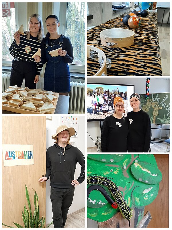 Collage zu Länder-Stationen: zwei Teilnehmende mit Sandwiches an einem Australien-Stand, Tisch mit Tamburin und Rasseln, Duo mit Afrika-Outfits vor Präsentation, Person mit Safarihut neben Türschild „AUSTRALIEN“ und eine grüne Schlangen-Deko an einer Holztafel.