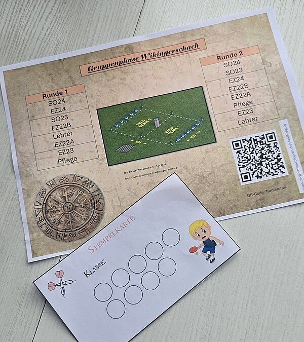 Sportfest an der Euro Akademie Hohenstein-Ernstthal Gruppenkarte und Teamaufstellungen zum Spiel Wikingerschach liegen auf einem Tisch.