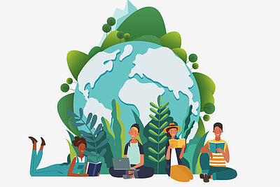 Illustration einer türkisfarbenen Weltkugel, auf denen grüne Berge, Bäume und Pflanzen wachsen. Davor sitzen und liegen vier Menschen mit Büchern und Laptop. Der Hintergrund ist weiß.