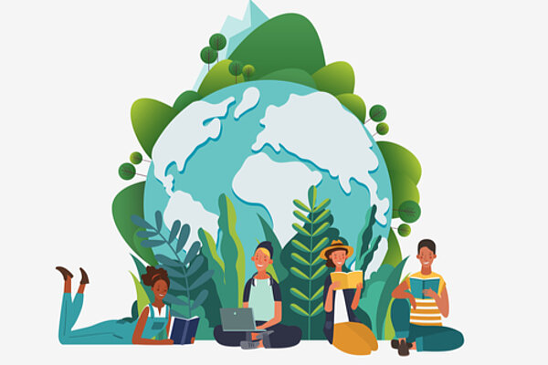 Wir sind „Umweltschule in Europa" Illustration einer türkisfarbenen Weltkugel, auf denen grüne Berge, Bäume und Pflanzen wachsen. Davor sitzen und liegen vier Menschen mit Büchern und Laptop. Der Hintergrund ist weiß.