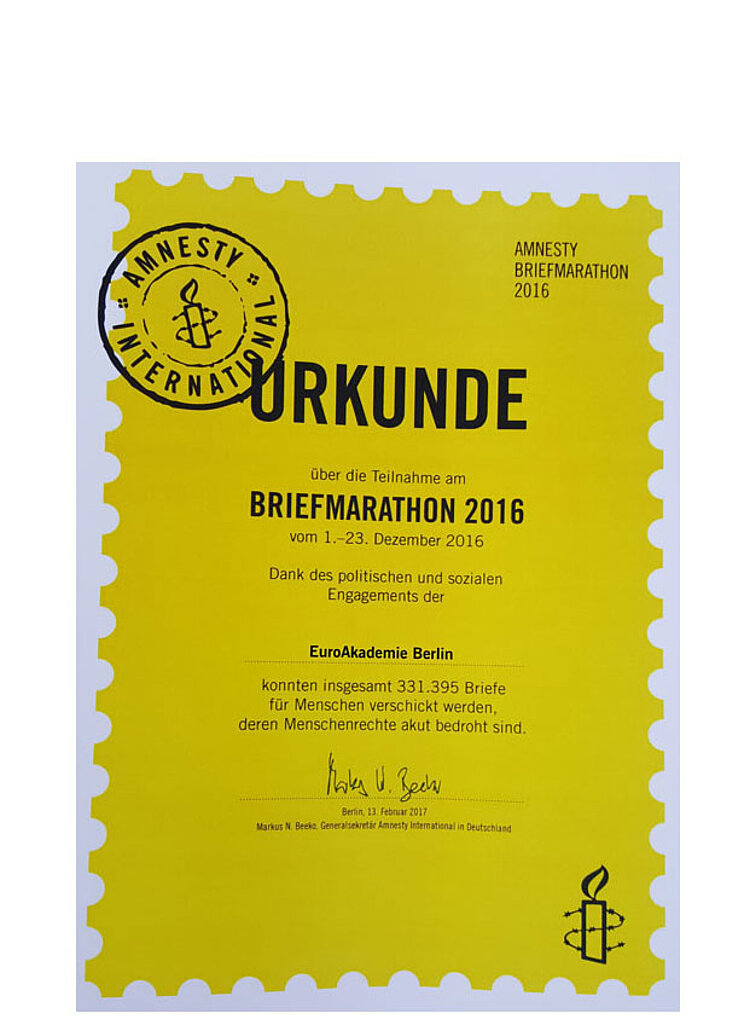 Urkunde für Teilnahme am Briefmarathon