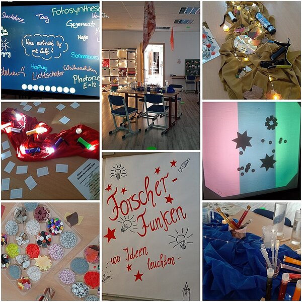 Bildcollage verschiedener Forscher- und Experimentierstationen zum Thema Licht beim Tag der offenen Tür der Euro Akademie Rochlitz. Abgebildet sind eine Tafel mit Begriffen rund um Licht und Fotosynthese, ein Experimentiertisch im Forscherraum, dekorative Lichtelemente, Licht- und Schattenobjekte auf dem Overheadprojektor sowie Tabletts mit unterschiedlichen Materialien zum Entdecken. Ein Plakat mit der Aufschrift Forscher-Funken – wo Ideen leuchten hebt die Bedeutung naturwissenschaftlicher Bildung in den pädagogischen Ausbildungsgängen hervor.