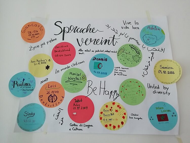 Selbst gestaltete bunte Collage, auf dem unter anderem die Namen und Geburtstage der Auszubildenden stehen.