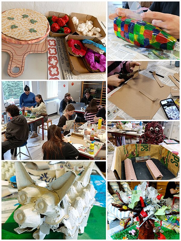 Collage mit kreativen Bastelarbeiten aus wiederverwendeten Materialien wie Karton, Plastikflaschen, Eierkartons und Verpackungen sowie Teilnehmenden bei der gemeinsamen Arbeit an ihren Upcycling-Projekten.