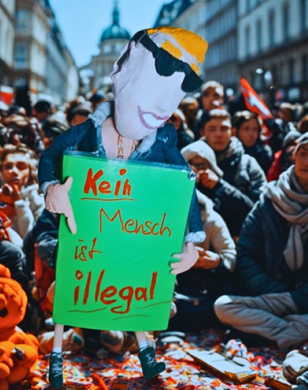 Stabpuppe Jonny trägt eine coole Sonnenbrille, steht in einer Menschenmenge und zeigt auf sein grünes, großes Transparent, auf dem steht Kein Mensch ist illegal.