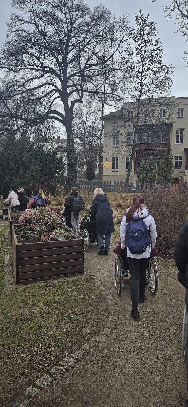 Schülerinnen und Schüler der Euro Akademie Görlitz begleiten Pflegeheimbewohnende im Rollstuhl auf einem winterlichen Parkweg beim gemeinsamen Ausflug zum Weihnachtsmarkt.