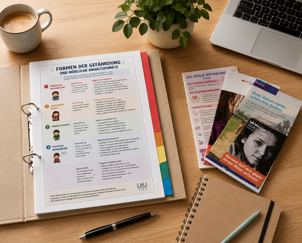 Ein aufgeschlagener Ordner mit einem Infoblatt über "Formen der Gefährdung"; drumherum stehen eine Kaffeetasse, eine Pflanze und ein Laptop; daneben liegen verschiedene Flyer, Stifte und ein Notizbuch.
