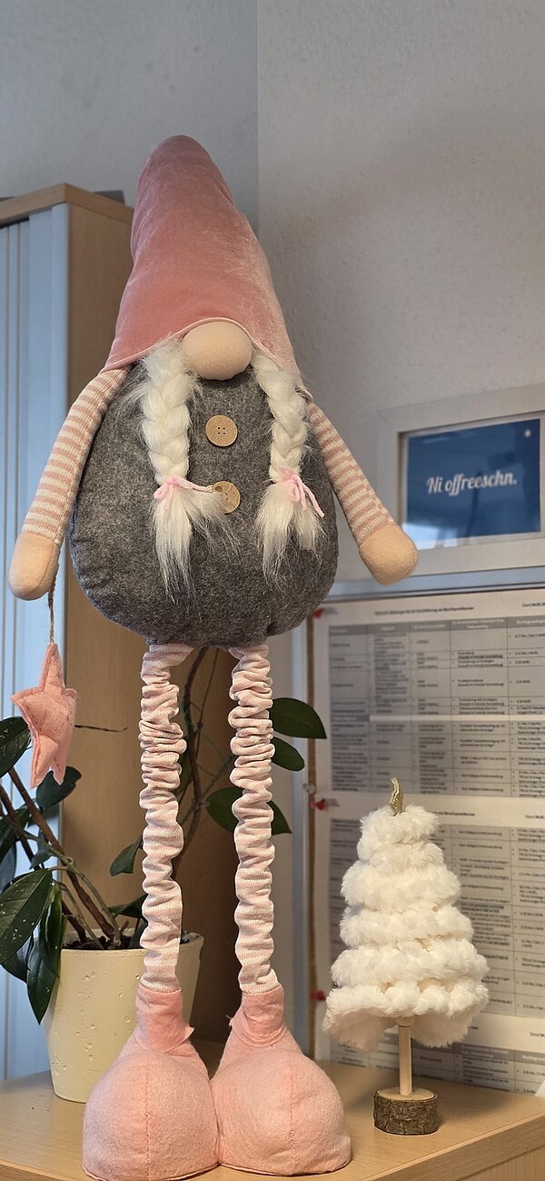 Eine weihnachtlich dekorierte Figur eines Wichtels steht auf einem Möbelstück vor einer Wand mit mehreren Dokumenten und einem blauen Schild. Der Wichtel hat einen langen, spitzen, rosa-roten Hut, zwei geflochtene weiße Zöpfe mit rosa Bändern, eine runde, beige Nase und trägt einen grauen Körper mit zwei braunen Knöpfen. Die Arme sind gestreift in Rosa und Weiß, die Beine lang und rosa mit gerafften Stoffbezügen, die Füße sind groß und rosa. Neben dem Wichtel steht ein kleiner, weißer, baumförmiger Weihnachtsbaum auf einem Holzsockel. Im Hintergrund sind grüne Pflanzen zu sehen. Die Szene vermittelt eine festliche Atmosphäre in einem Innenraum der Euro-Schulen und Euro Akademien in Dresden, Meißen und Riesa.